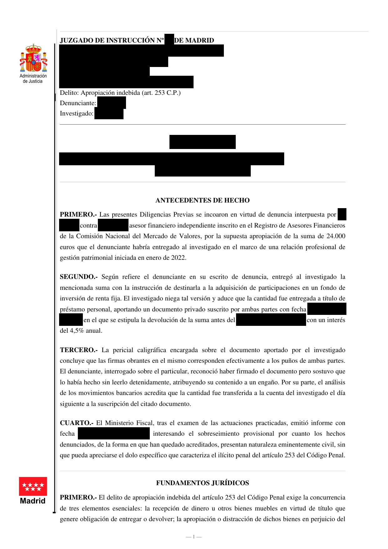 Auto - Apropiación indebida: la pericial llevó el conflicto fuera de la vía penal