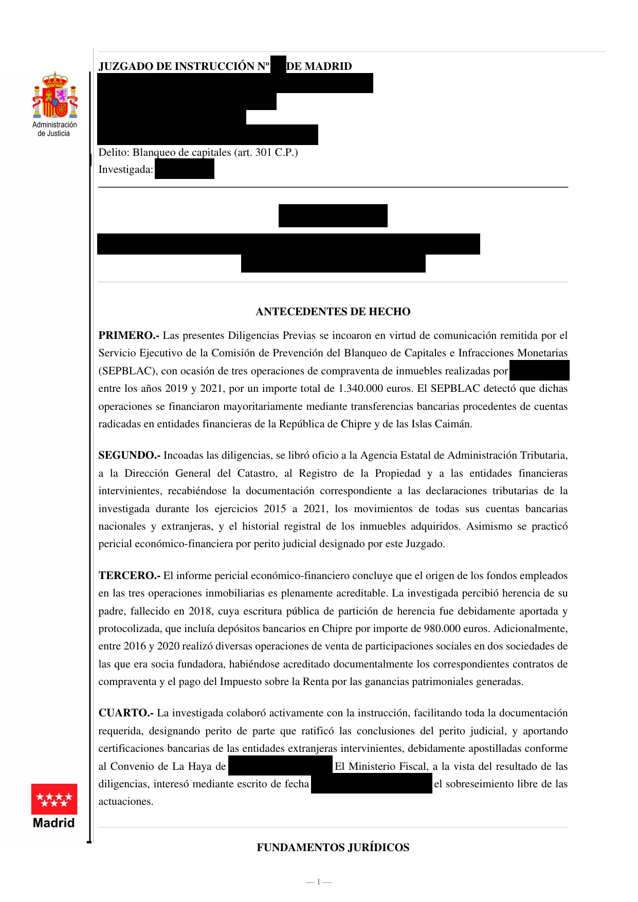 Auto - Blanqueo de capitales: trazabilidad total del origen lícito de 1.340.000 €